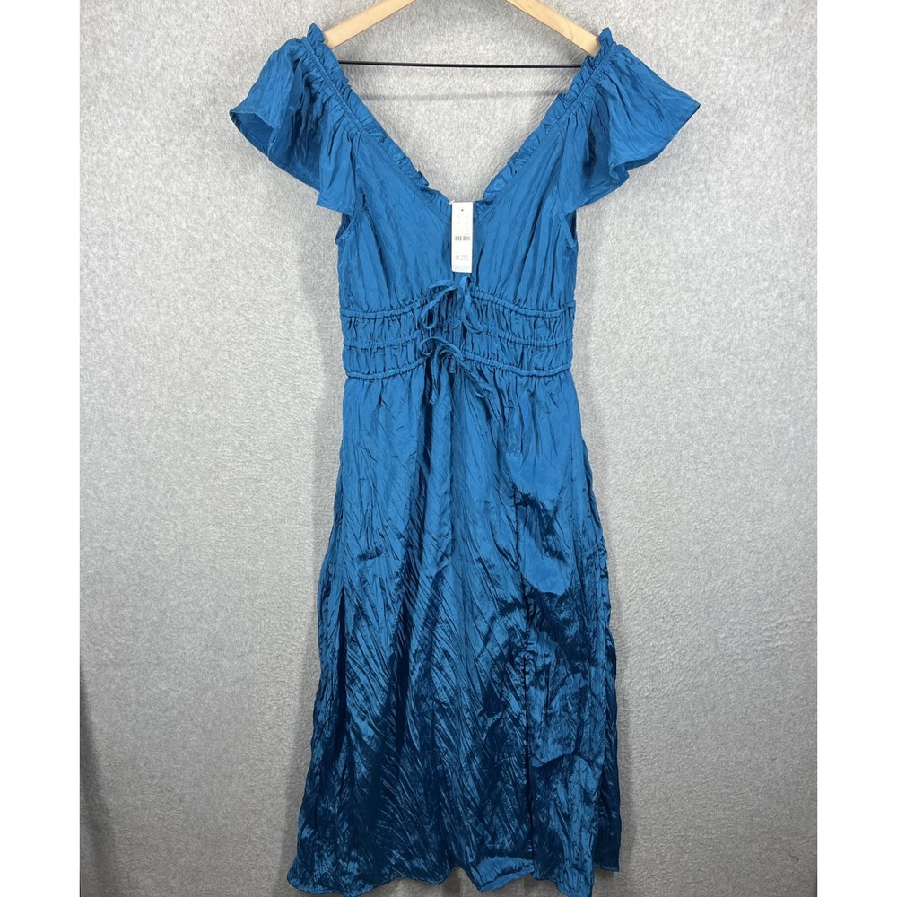 J.Crew Midi Dress Womens XS Blue Crinkle Satin Ruffle Tie Front NWT